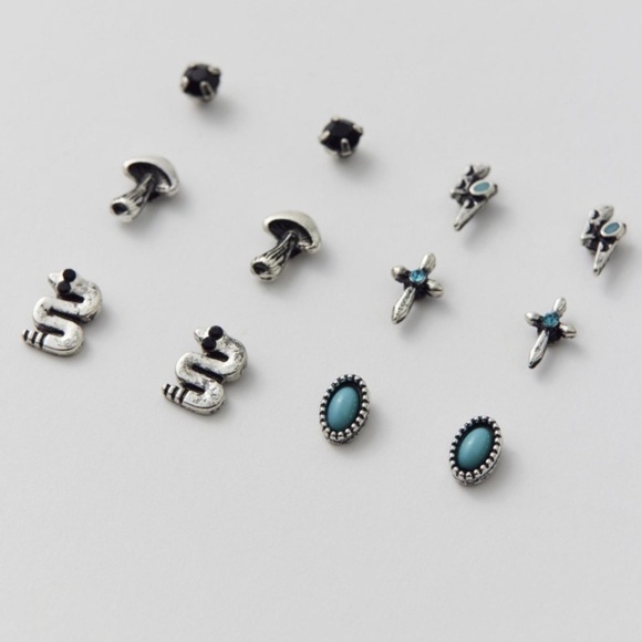 Urban Outfitters Jewelry - Urban Outfitters Turquoise Silver Snake Mushroom Cross Lightning Stud Earrings